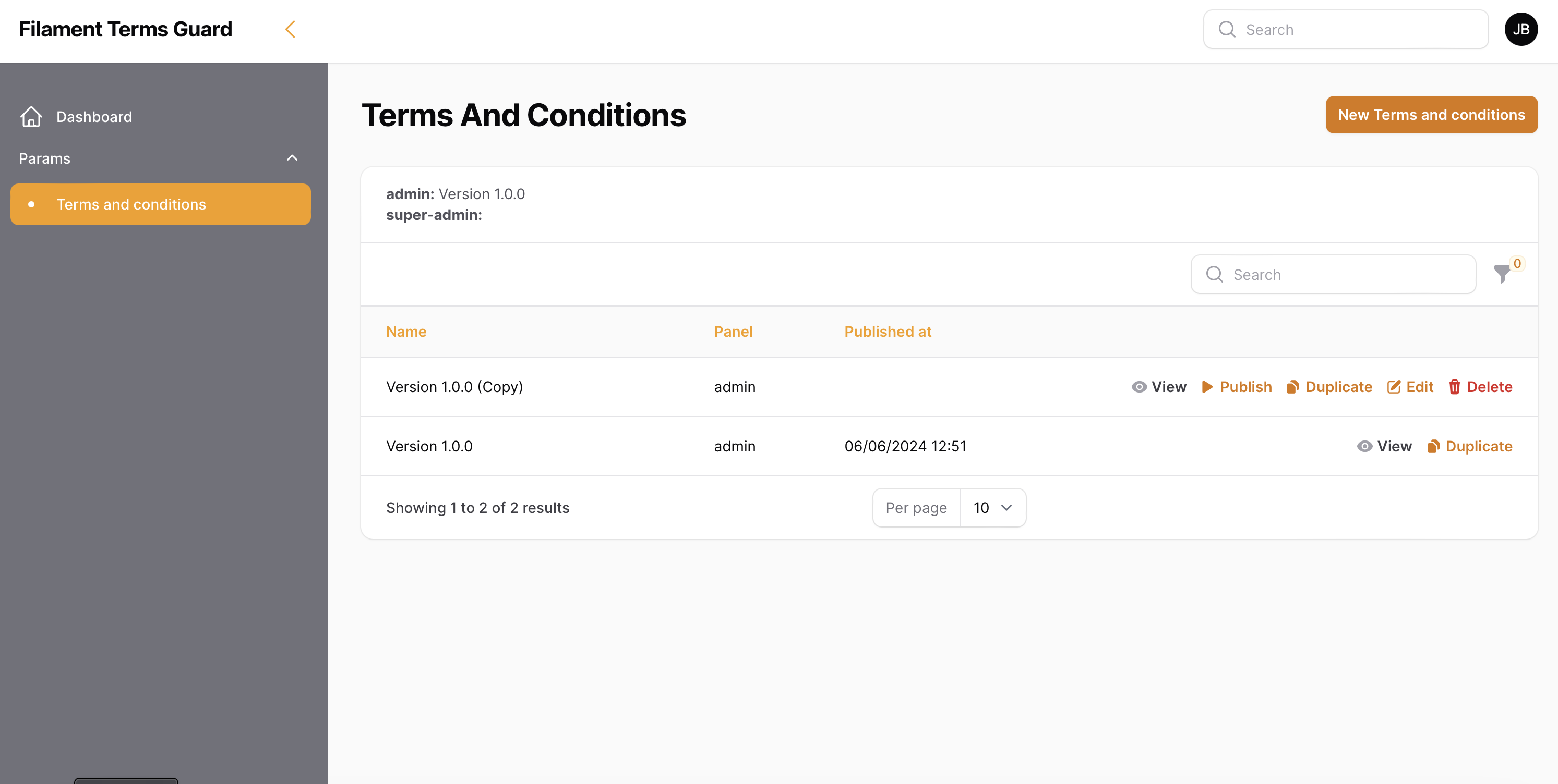 Index of terms and conditions view